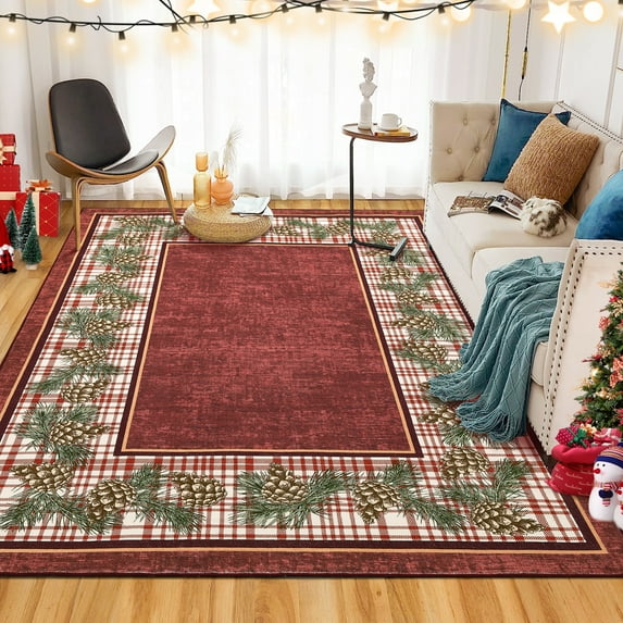 Hasoo Christmas Home Decor Bordered Area Rug Washable 5' x 7' Modern Indoor Rug for Living Room Dining Room, Red