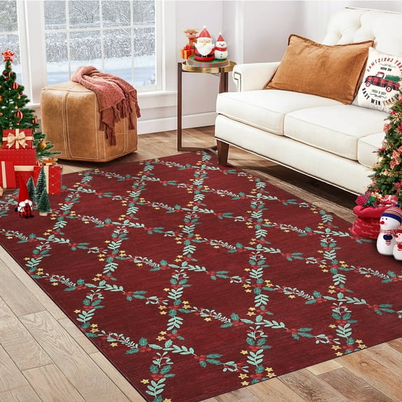 Hasoo Christmas Floral Room Decor Carpet Indoor Modern Washable Area Rug for Living Room 4' x 6' Red