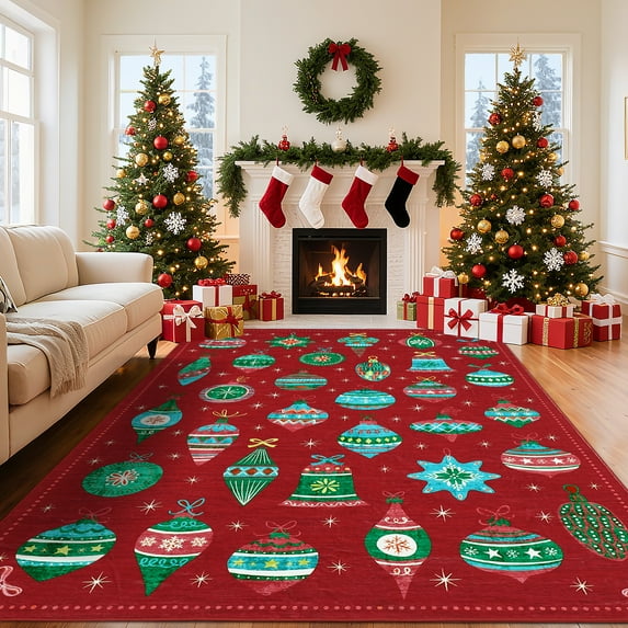Hasoo Christmas Home Decor Bell Pattern Area Rug Washable 5' x 7' Modern Throw Rug for Living Room Indoor Red Carpet