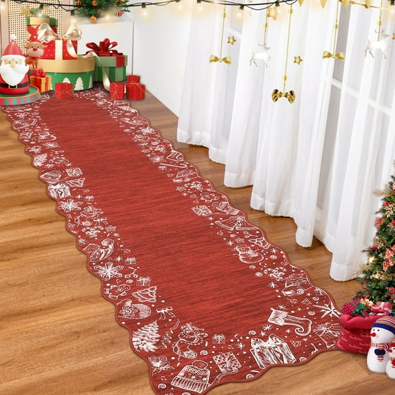 Hasoo Christmas Home Decor Scalloped Border Area Rug Washable 2' x 6' Modern Runner for Hallway Enterway Indoor Red Carpet