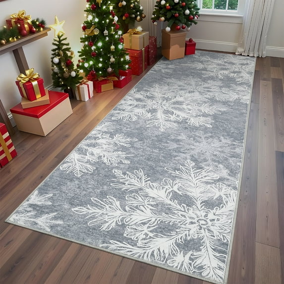 Hasoo Christmas Home Decor Snowflake Pattern Area Rug Washable 2' x 8' Modern Rug for Hallway Enterway Indoor Gray Carpet