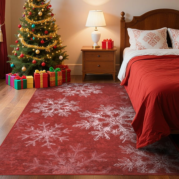 Hasoo Christmas Home Decor Snowflake Pattern Area Rug Washable 5' x 7' Modern Throw Rug for Living Room Indoor Red Carpet