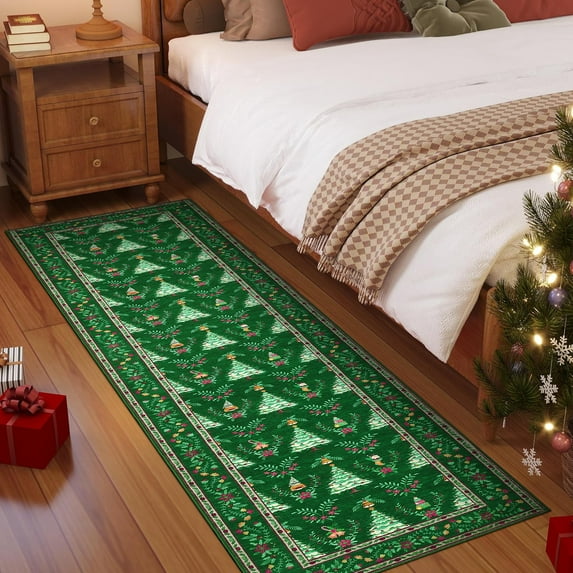 Hasoo Christmas Home Decor Tree Border Area Rug Washable 2' x 10' Modern Rug for Hallway Enterway Indoor Green Carpet