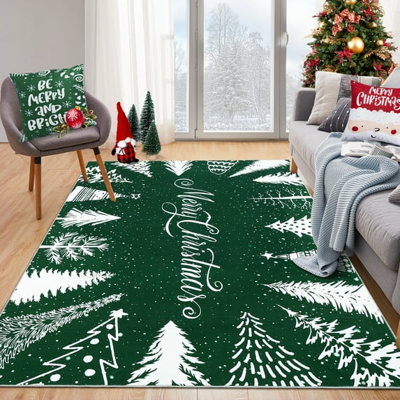 Hasoo Christmas Home Decor Tree Border Area Rug Washable 5' x 7' Modern Indoor Throw Rug for Living Room Indoor Green Carpet