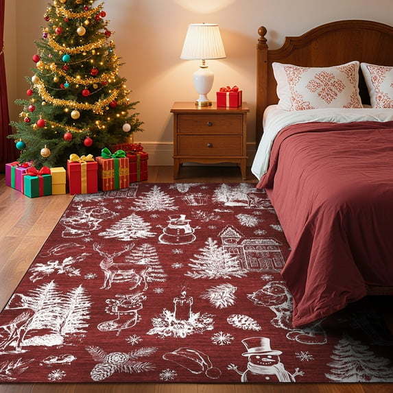 Hasoo Christmas Home Decor Tree Deer Print Area Rug Washable 4' x 6' Modern Throw Rug for Living Room Indoor Red Carpet
