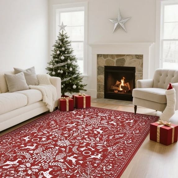 Hasoo Christmas Home Decor Tree Deer Print Area Rug Washable 4' x 6' Modern Throw Rug for Living Room Indoor Red Carpet