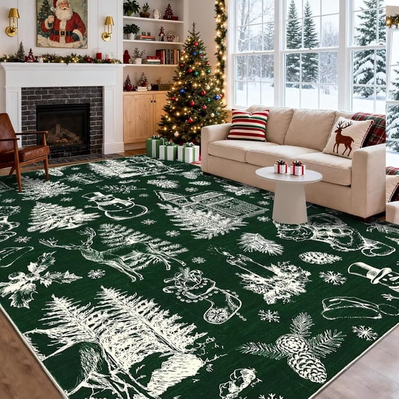 Hasoo Christmas Home Decor Tree Deer Print Area Rug Washable 8' x 10' Modern Throw Rug for Living Room Indoor Green Carpet