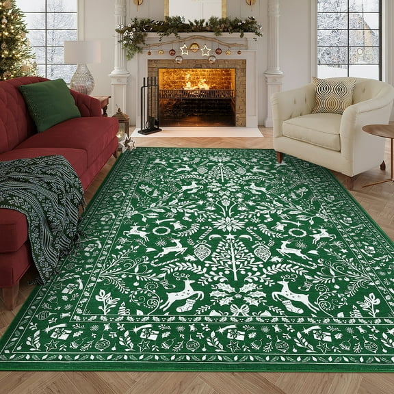 Hasoo Christmas Home Decor Tree Deer Print Area Rug Washable 8' x 10' Modern Throw Rug for Living Room Indoor Green Carpet