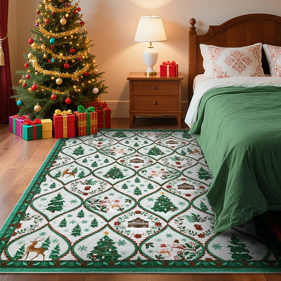Hasoo Christmas Home Decor Tree Geometric Area Rug Washable 4' x 6' Modern Throw Rug for Living Room Indoor Green Beige Carpet