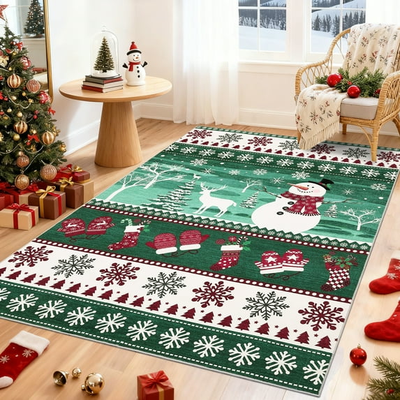 Hasoo Christmas Snowflake Home Decor Area Rug Washable 4' x 6' Modern Indoor Rug for Living Room Dining Room, Green