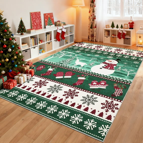 Hasoo Christmas Snowflake Home Decor Area Rug Washable 9' x 12' Modern Indoor Rug for Living Room Dining Room, Green