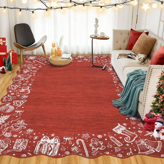 Hasoo Christmas Washable Living Room Area Rug 5x7 ft Modern Scalloped Border Non-Slip Soft Low Pile Indoor Red Carpet
