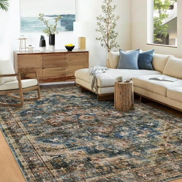 Hasoo Classic Persian Rug Washable Oriental Design Indoor Floor Covering Rug for Living Room Bedroom, 5' x 7' Blue/Brown
