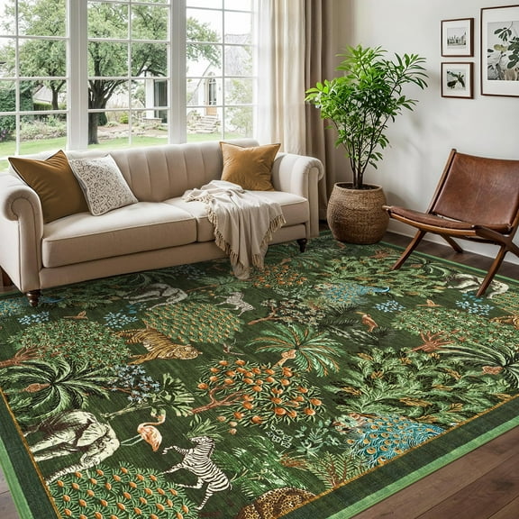 Hasoo Dark Green 8x10 Jungle Rugs for Living Room Washable Non Slip Forest Anmial Print Bedroom Indoor Modern Carpet