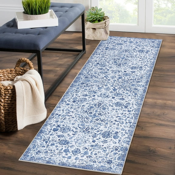 Hasoo Distressed Floral Runner Rug 2' x 6' Blue Multi Flodable Vintage Carpet Non Slip Runner Rug for Hallway Entryway Kitchen Bathroom