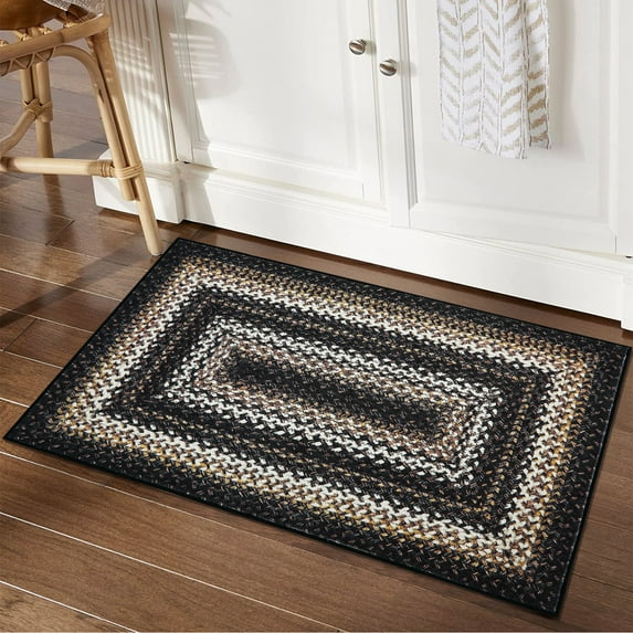 Hasoo Doormat 2' x 4' Black Imitation Braided Entrance Front Door Mat, Non Slip Small Carpet for Entryway Bathroom Kitchen