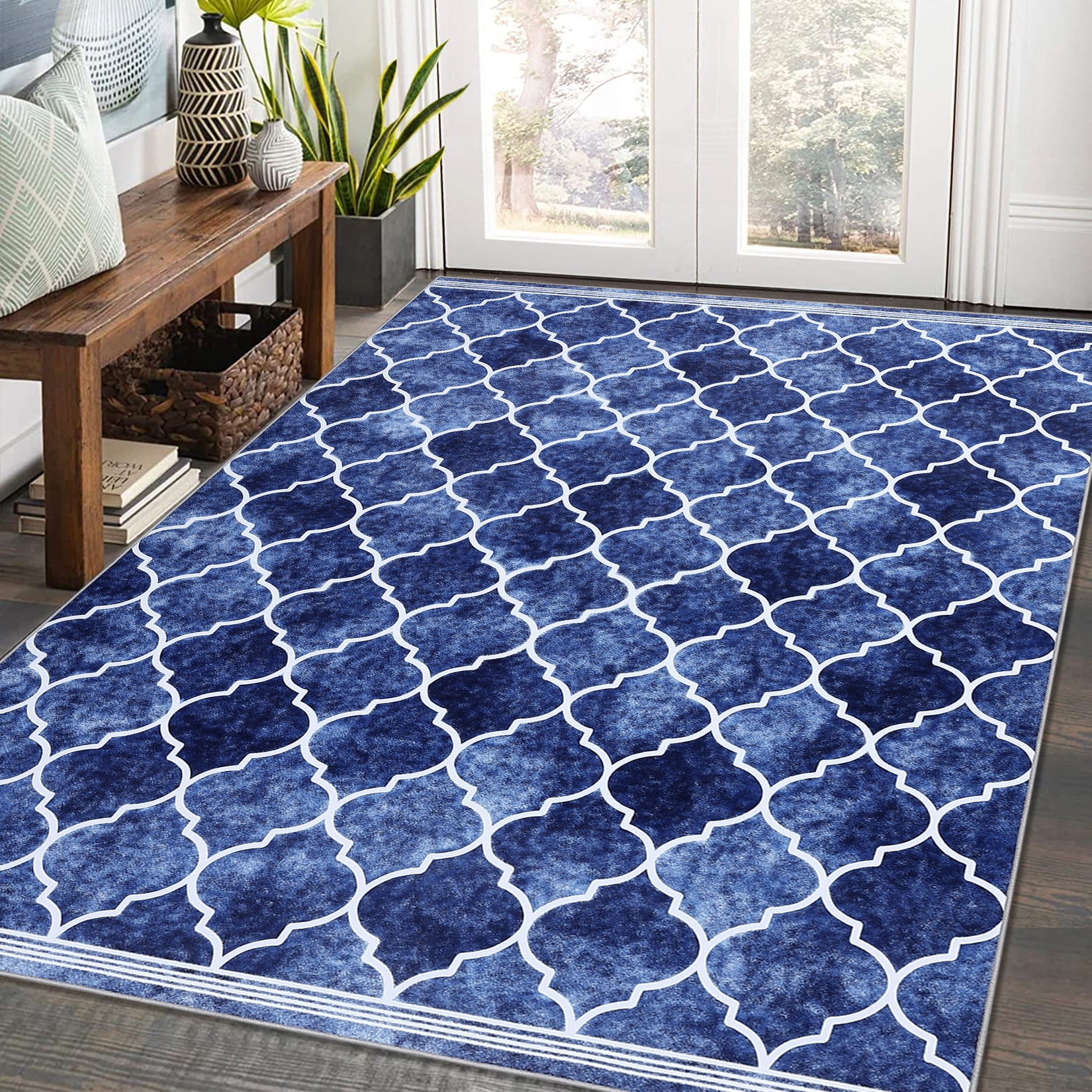 Hasoo Easy Care Indoor/Outdoor Natural Navy Blue 9' x 12' Area Rug ...