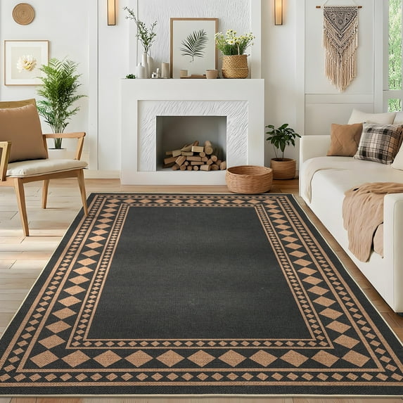 Hasoo Easy Jute Area Rug 8x10 Washable Rug for Living Room Bedroom Bordered Indoor Outdoor Geometric Carpet for Backyard, Brown/Black