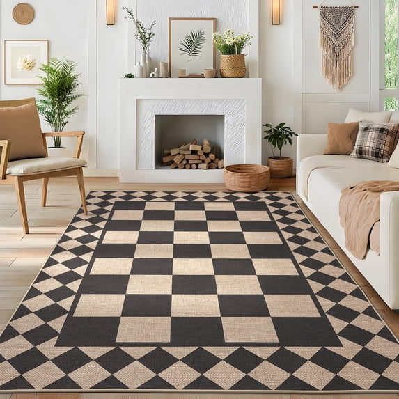 Hasoo Easy Jute Area Rug 8x10 Washable Rug for Living Room Bedroom Checkered Indoor Outdoor Geometric Carpet for Backyard, Yellow/Black