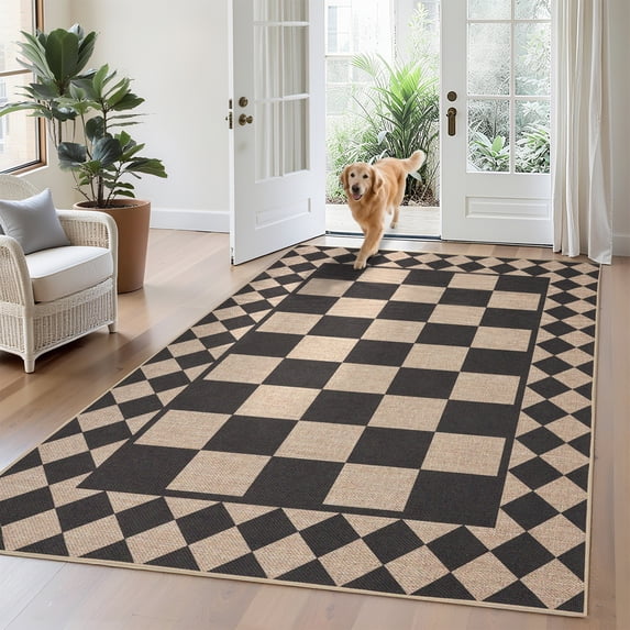 Hasoo Easy Jute Area Rug 9x12 Washable Rug for Living Room Bedroom Checkered Indoor Outdoor Geometric Carpet for Backyard, Yellow/Black