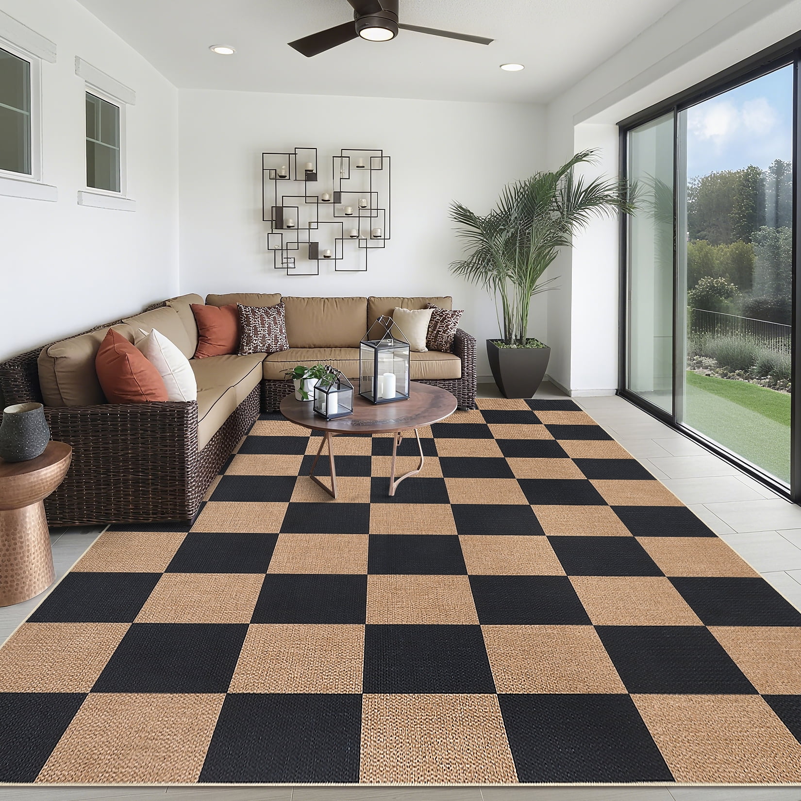 Hasoo Easy Jute Check Area Rug for Living Room Washable 5' x 7' Non Shedding Neutral Indoor/Outdoor Decor Carpet, Brown/Black
