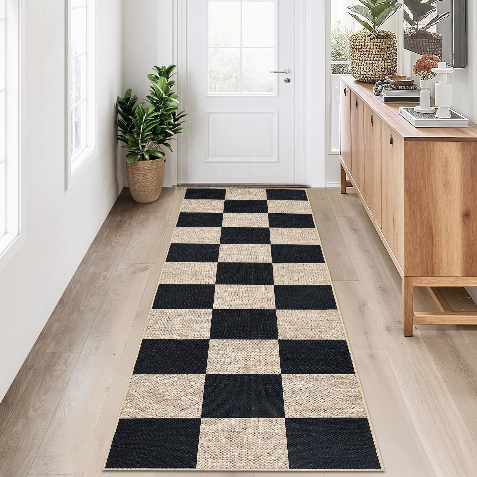 Hasoo Easy Jute Checker Runner Washable 2' x 6' Throw Rug for Hallway Enterway Neutral Indoor/Outdoor Black/White Carpet
