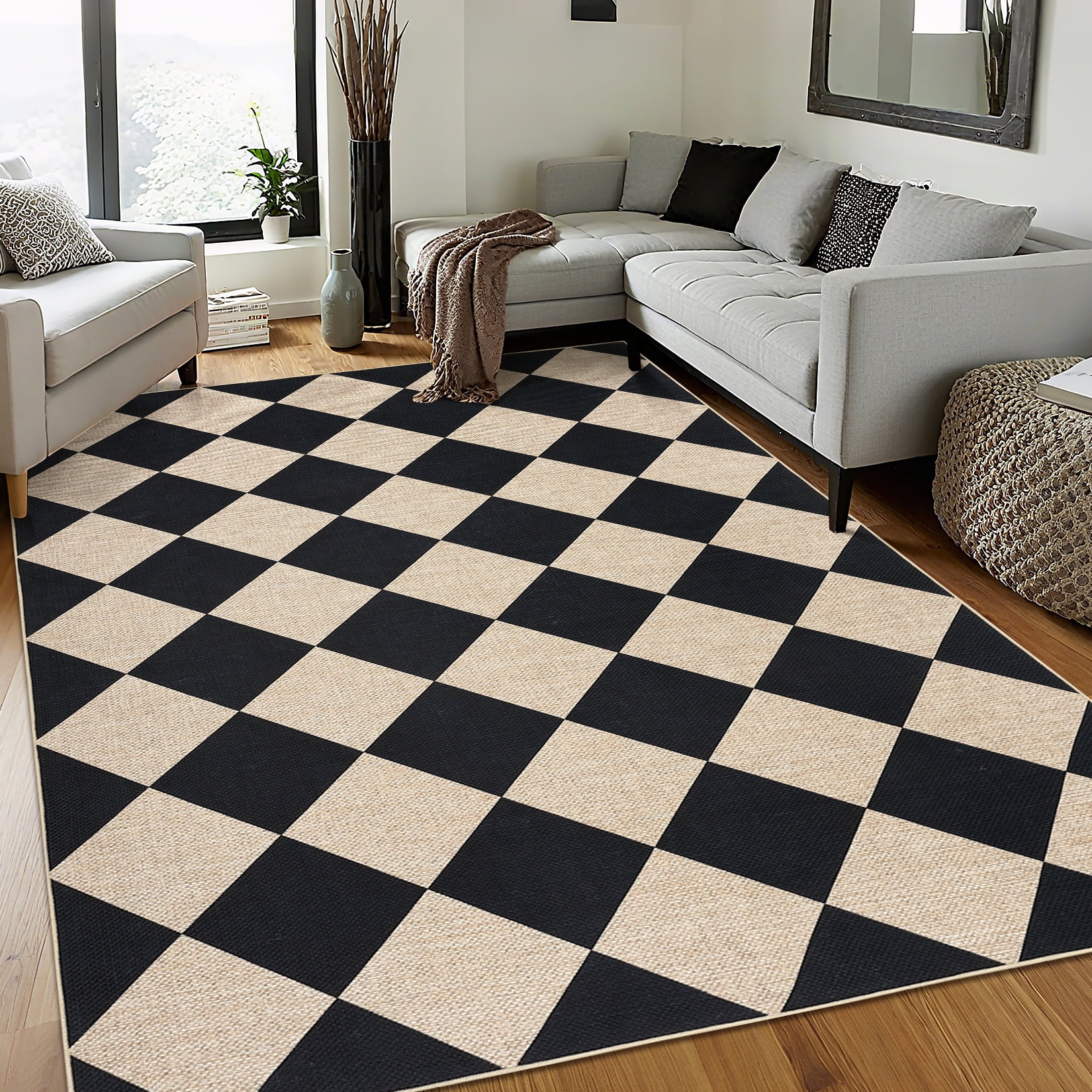Hasoo Easy Jute Plaid Area Rug for Living Room Washable 5' x 7' Non Shedding Neutral Indoor/Outdoor Decor Carpet, Black/White