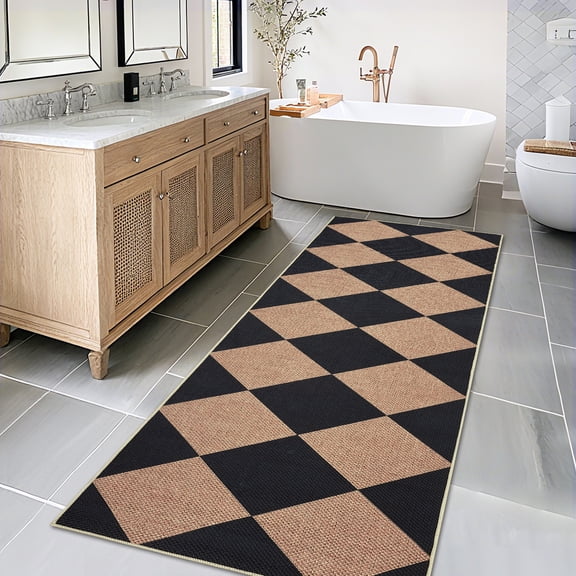Hasoo Easy Jute Plaid Runner Washable 2' x 8' Throw Rug for Hallway Enterway Neutral Indoor/Outdoor Brown/Black Carpet