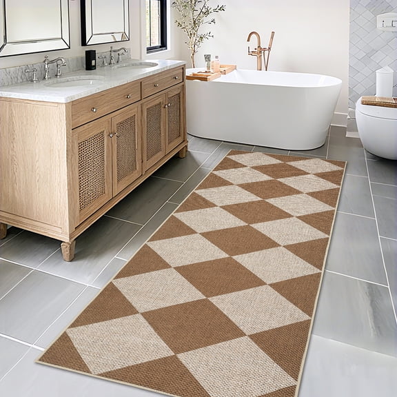 Hasoo Easy Jute Plaid Runner Washable 2' x 8' Throw Rug for Hallway Enterway Neutral Indoor/Outdoor Brown Carpet