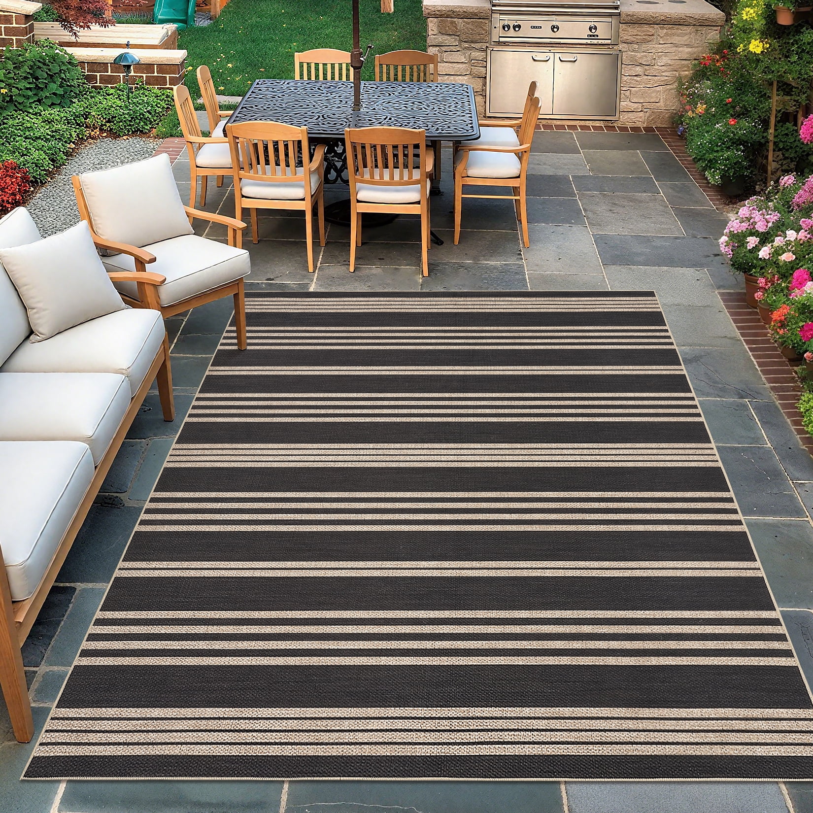 Hasoo Easy Jute Striped Area Rug for Living Room Washable 4' x 6' Non Shedding Neutral Indoor/Outdoor Decor Carpet, Black/White