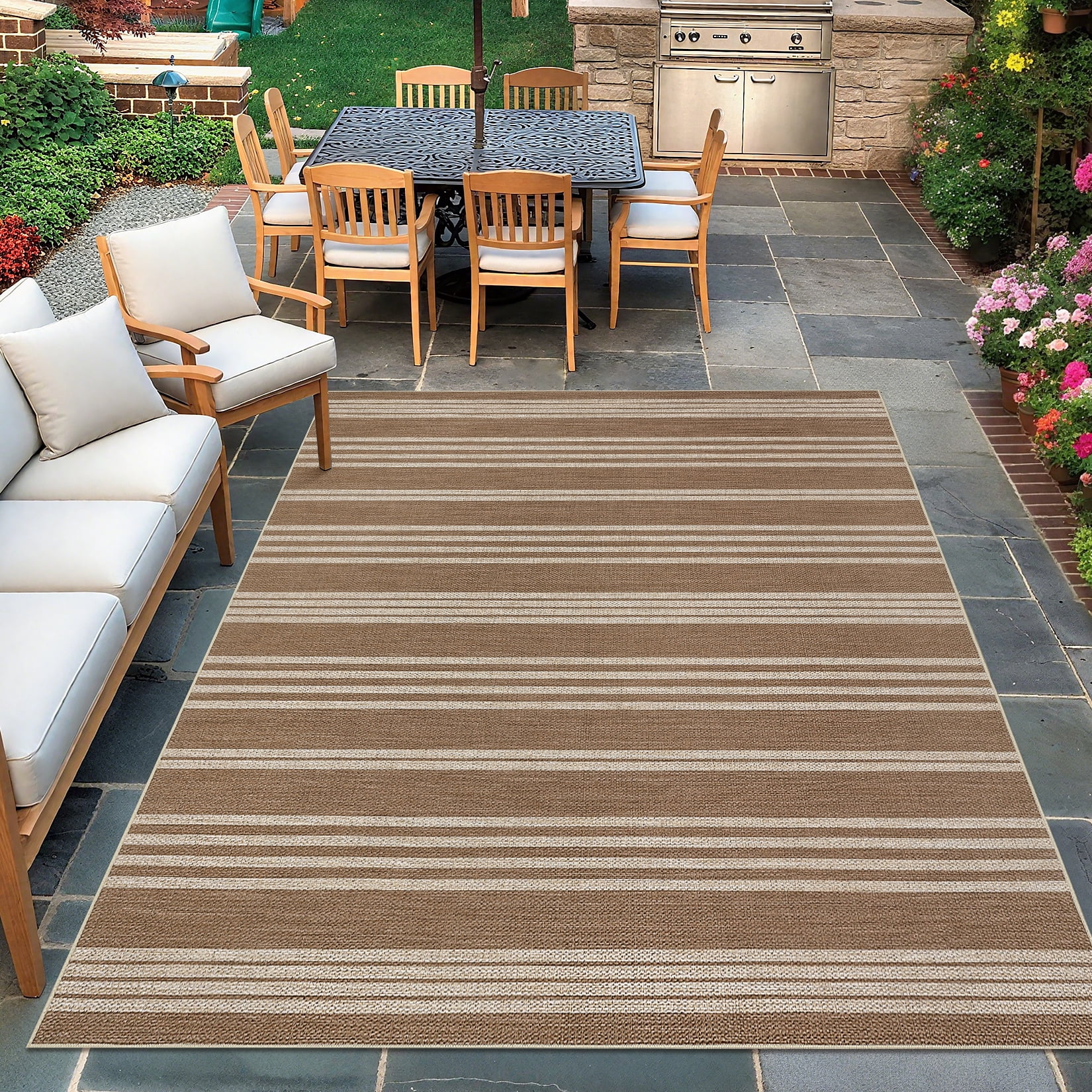 Hasoo Easy Jute Striped Area Rug for Living Room Washable 4' x 6' Non Shedding Neutral Indoor/Outdoor Decor Carpet, White/Brown