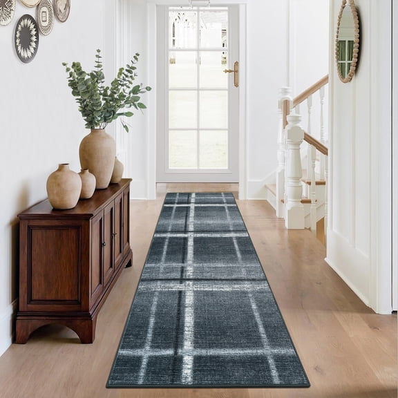 Hasoo Entryway 2'x 6' Runner Rug Polyester Black Gray Geometric Indoor Carpet Non-Slip Washable