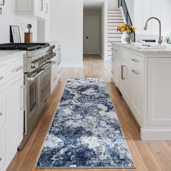 Hasoo Entryway 2'x 6' Runner Rug Polyester Blue Abstract Indoor Carpet Non-Slip Washable