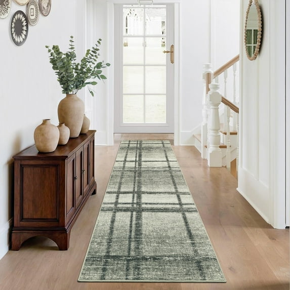 Hasoo Entryway 2'x 6' Runner Rug Polyester Green Geometric Indoor Carpet Non-Slip Washable
