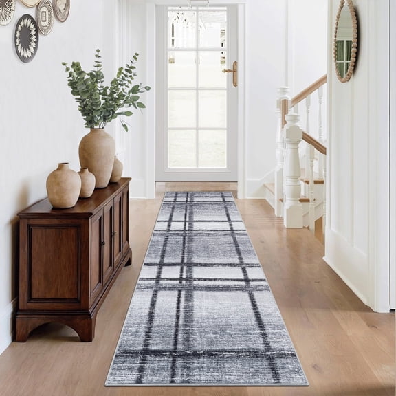 Hasoo Entryway 2'x 6' Runner Rug Polyester Light Gray Geometric Indoor Carpet Non-Slip Washable