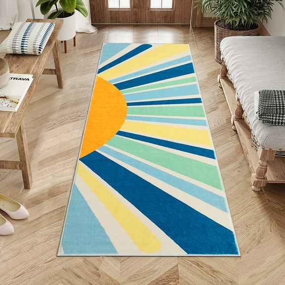 Hasoo Extra Long Hallway Runner Rug 3x8 Washable Colorful Sunrise Rug Boho Retro Indoor Carpet, Blue