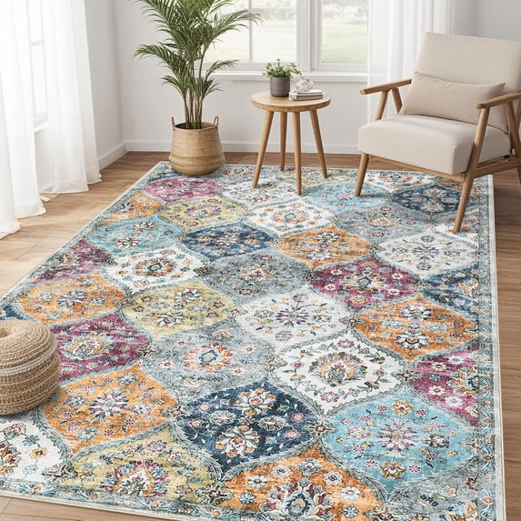 Hasoo Floral Area Rug for Living Room Traditional Bedroom Carpet Machine Washable Indoor Carpet, Purple/Orange 3' x 5'