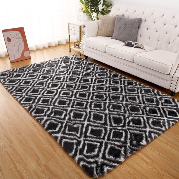 Hasoo Geometric Plush Shag Area Rug, Dark Grey, 8' x 10'