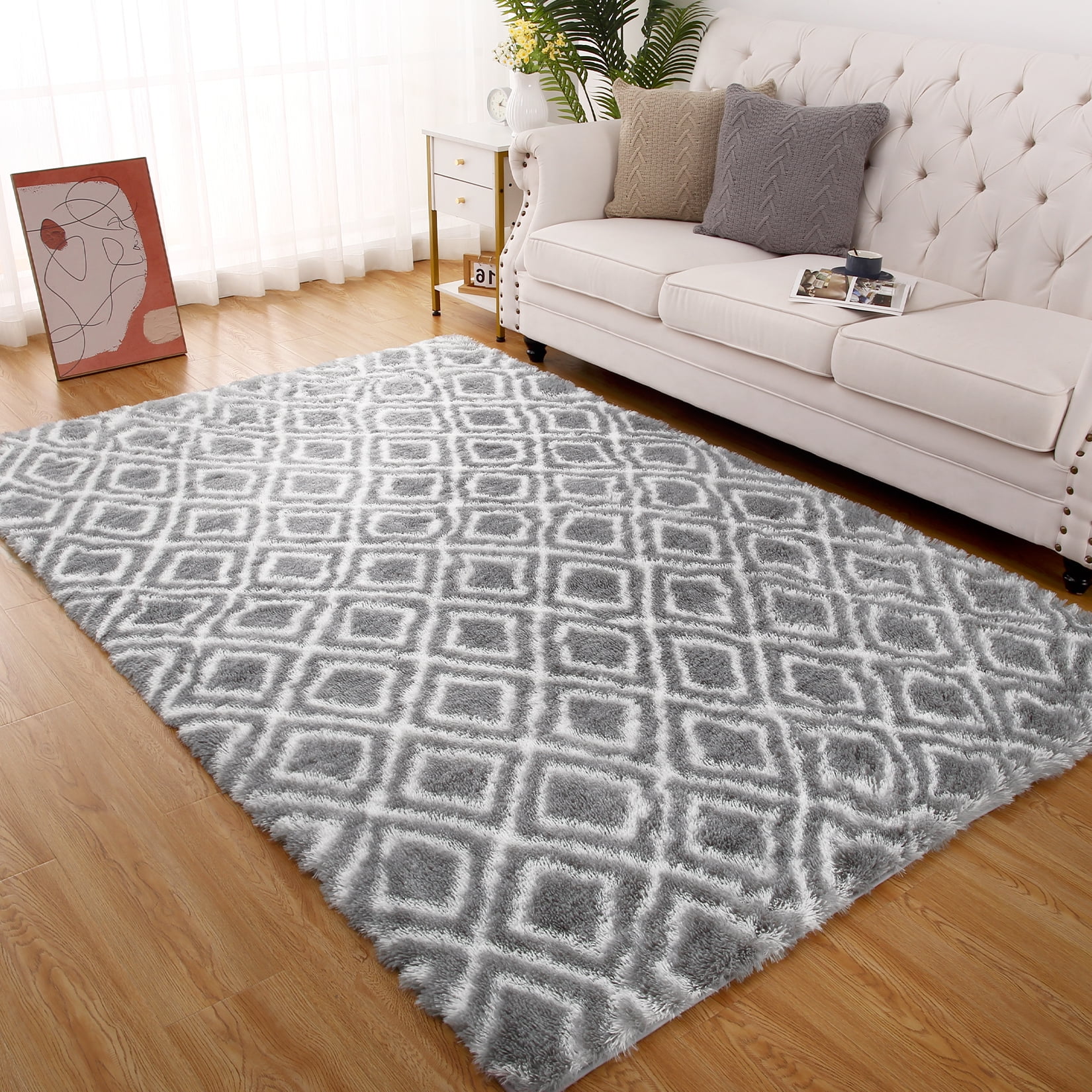 Hasoo Geometric Plush Shag Area Rug, Light Grey, 8' x 10' - Walmart.com