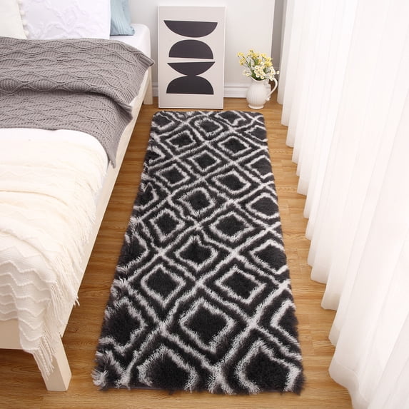 Hasoo Geometric Plush Shag Runner Rug, Dark Grey, 2' x 8'