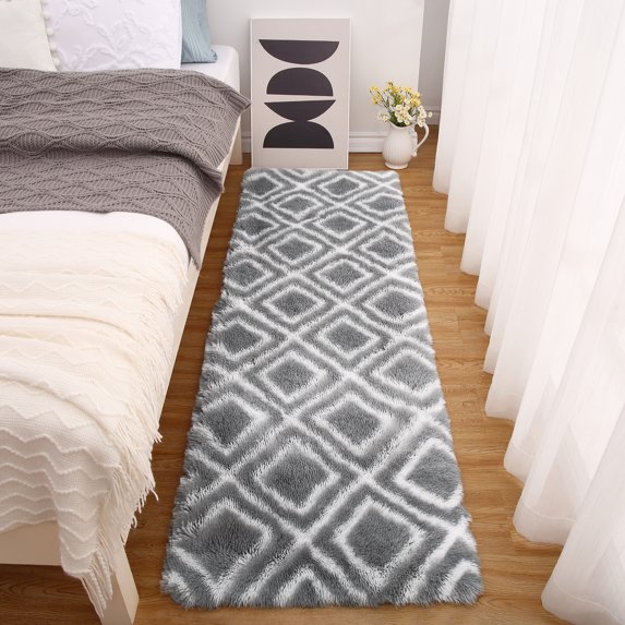 Hasoo Geometric Plush Shag Runner Rug, Light Grey, 2' x 6'