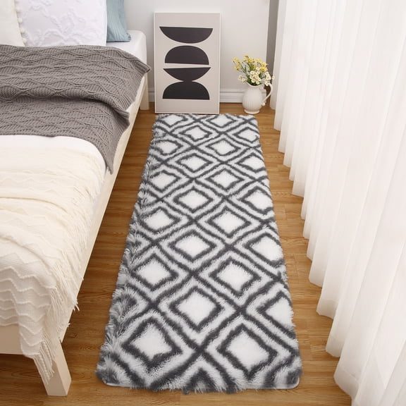 Hasoo Geometric Plush Shag Runner Rug, White/Grey, 2' x 8'