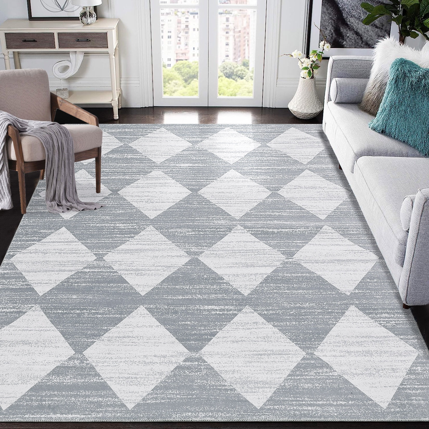 Hasoo Gray 10' x 13' Area Rug Geometric Rugs for Living Room Washable Modern Trellis Carpet for Bedroom