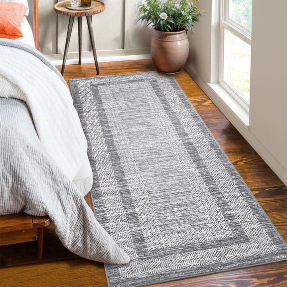 Hasoo Gray 2' x 6' Runner Rugs Washable Soft Modern Geometric Bordered Carpet Indoor Runners Rugs for Floor Hallway Bedside Entry Rug