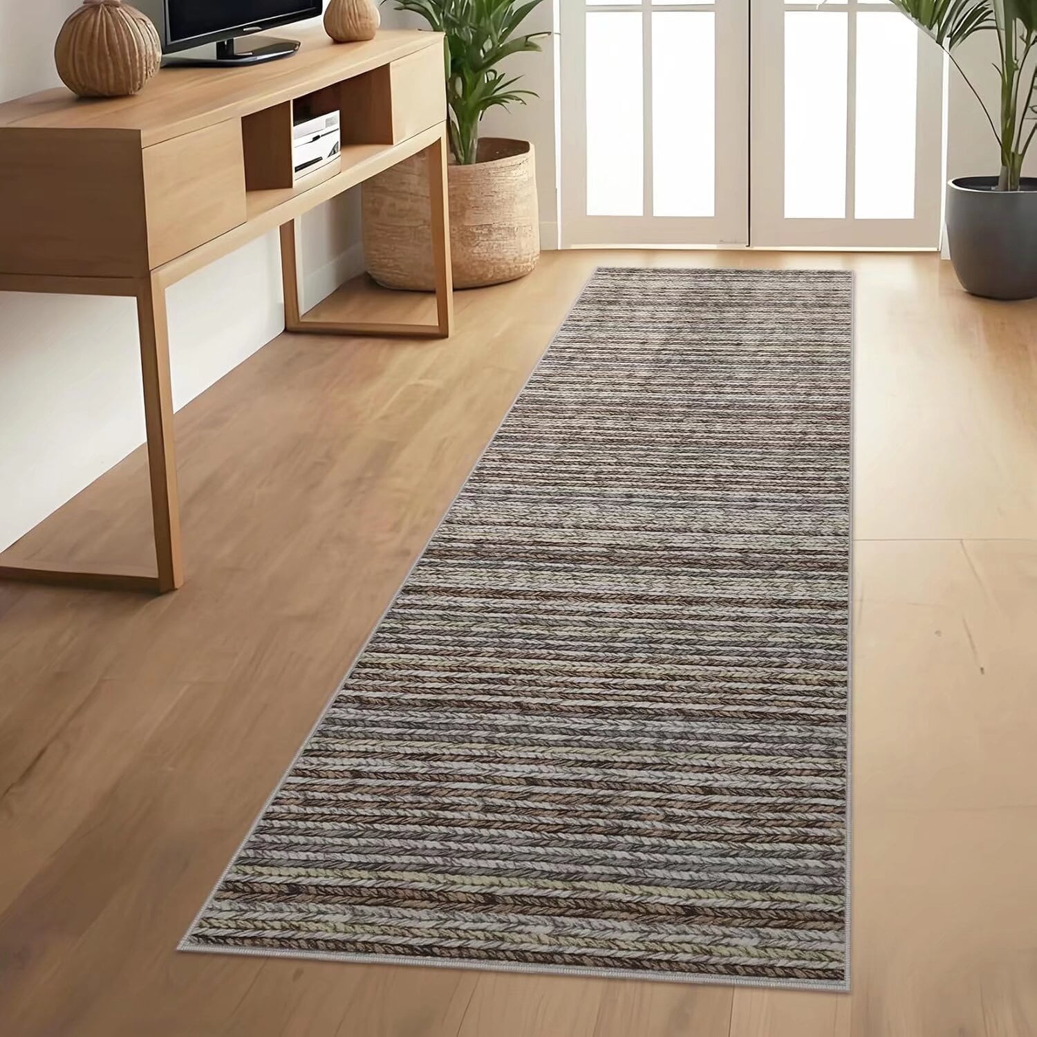 Hasoo Gray 2' x 6' Runner Rugs Washable Soft Modern Striped Rugs for Living Room Printed Braid Carpet Indoor Runners Rugs for Floor Hallway Bedside Entry Rug