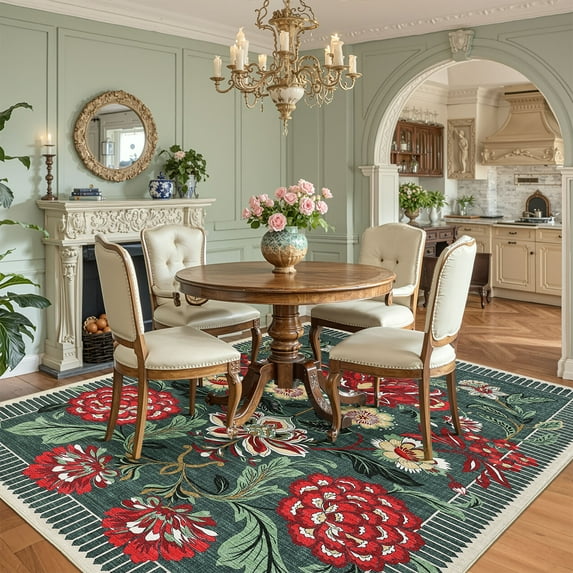 Hasoo Gray Green Washable Area Rugs 9' x 12' Rug for Living Room Floral Modern Non Slip Throw Indoor Carpet