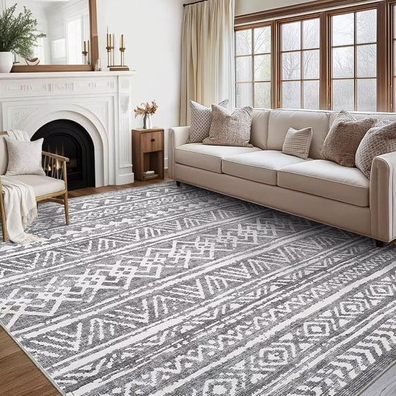 Hasoo Gray Rugs for Living Room Washable 9x12 Area Rugs Moroccan Style Carpet Boho Bedroom Dining Room Throw Indoor Carpet