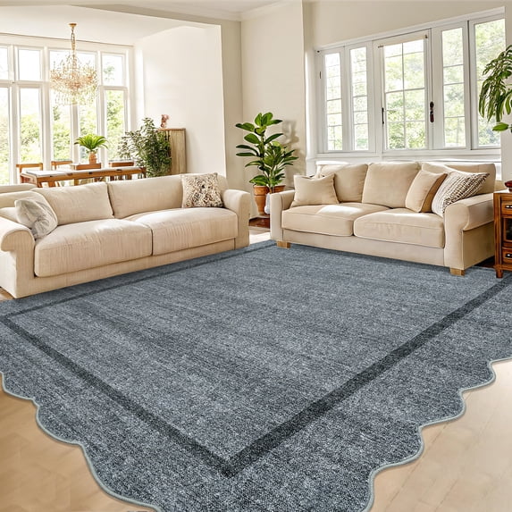 Hasoo Gray Wavy Border Area Rug for Dining Room Indoor Bedroom Soft Textured 6' x 9' Carpet Stain-Resistant