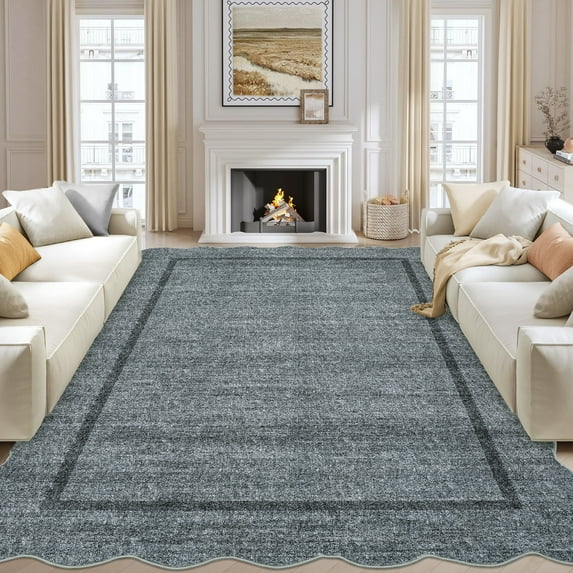 Hasoo Gray Wavy Border Area Rug for Dining Room Indoor Bedroom Soft Textured 8' x 10' Carpet Stain-Resistant