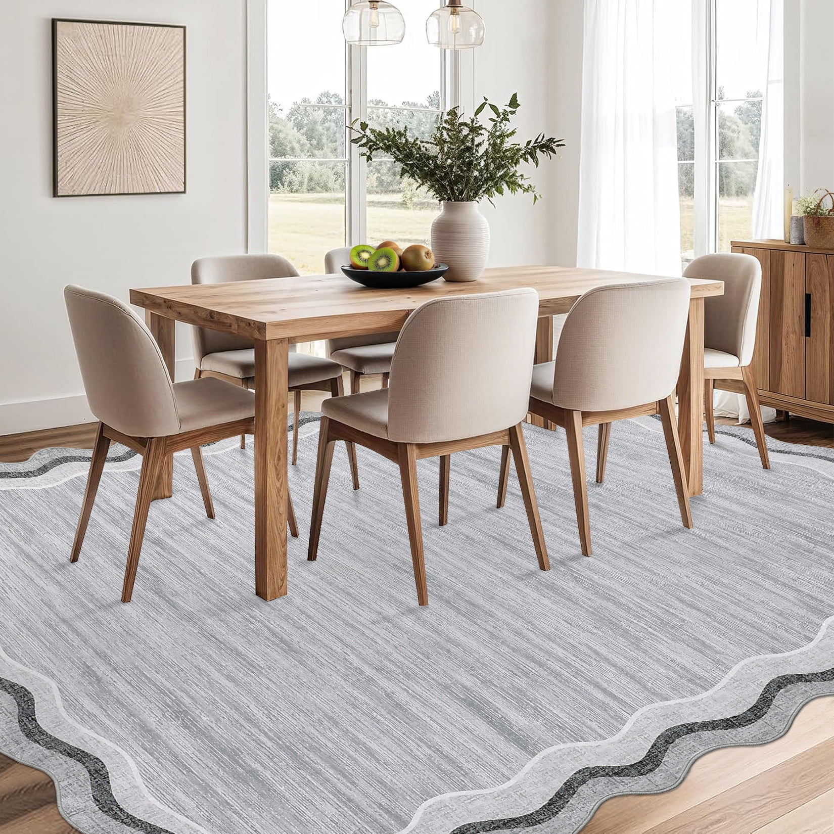Hasoo Gray Wavy Border Area Rug for Living Room Indoor Bedroom Soft Textured 5' x 7' Carpet with Non-Slip Backing